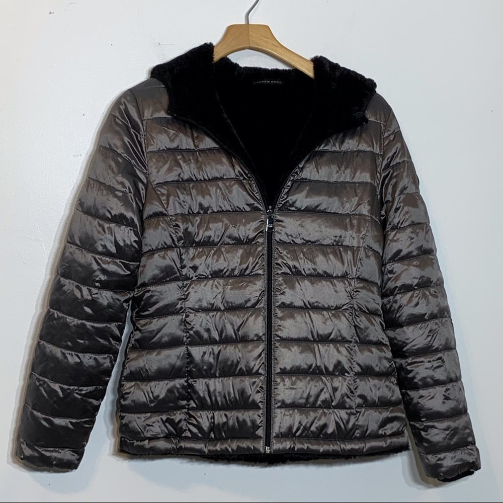 EUC Andrew Marc faux fur lined gray puffer coat with lined hood